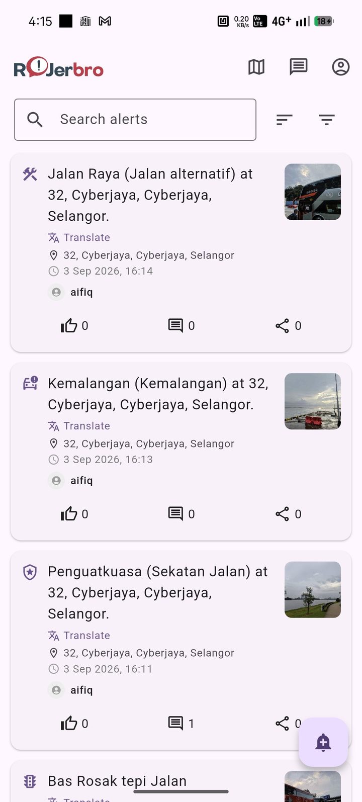 Map view of RoJerbro traffic and road-safety alerts near you